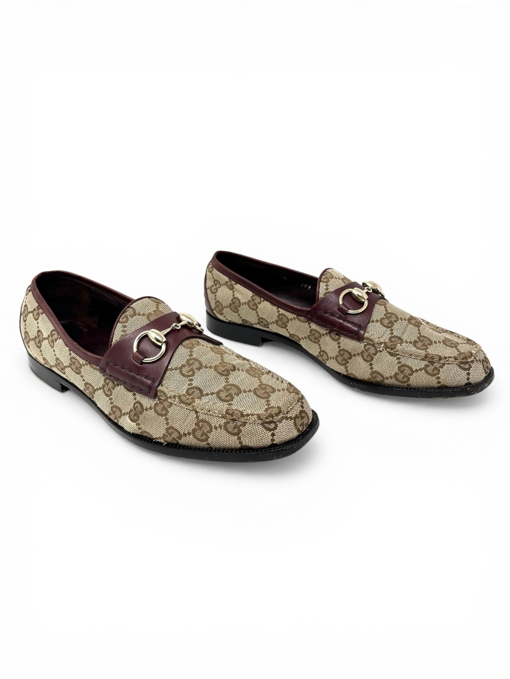 Gucci Horsebit GG Canvas Loafers Beige Brown Burgundy Size 39.5 9.5 Women Italy